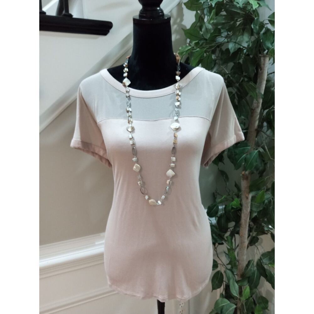 Tahari Women's Pink Solid Rayon Short Sleeve Round Neck Top Blouse Size Large